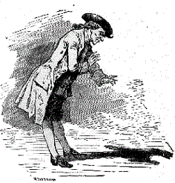 A sketch of a man dressed from like the 1800's Europe (knickers, long coat, three-corner hat).  He is bending over and looking at his shadow.